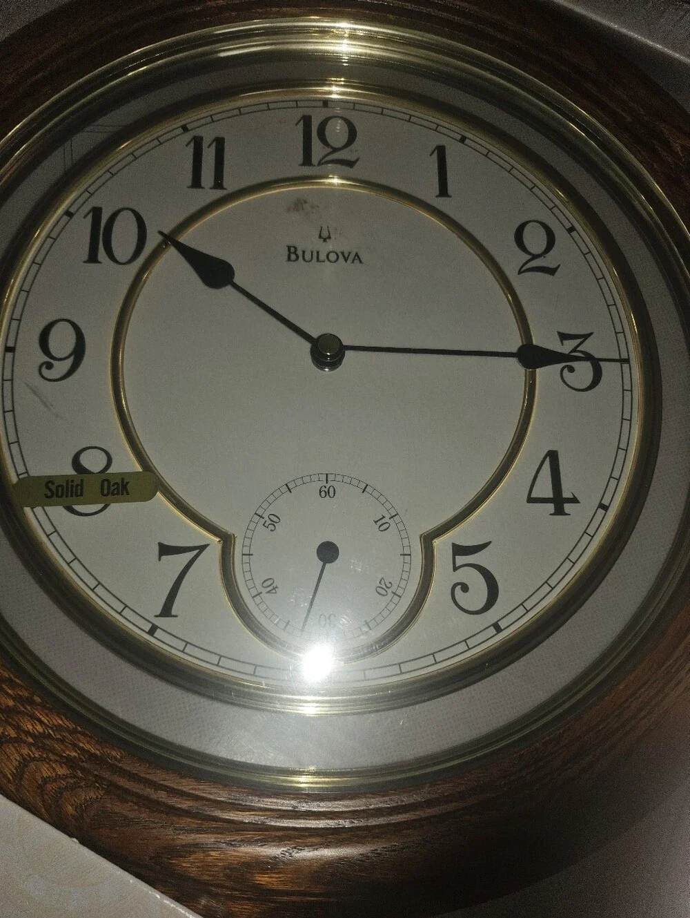 Bulova Solid Oak Brown & Gold Round Wall Clock -NEW